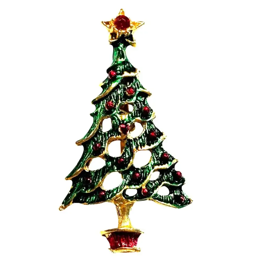Vintage Christmas tree brooch goldtone green enamel red rhinestones holiday pin